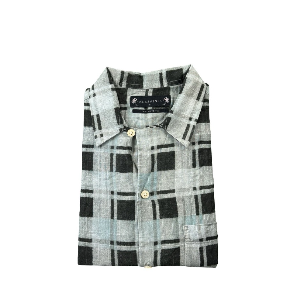 Allsaints Big Sur Green Check Organic Cotton Loop Collar Hawaiian Shirt Size‎ XL